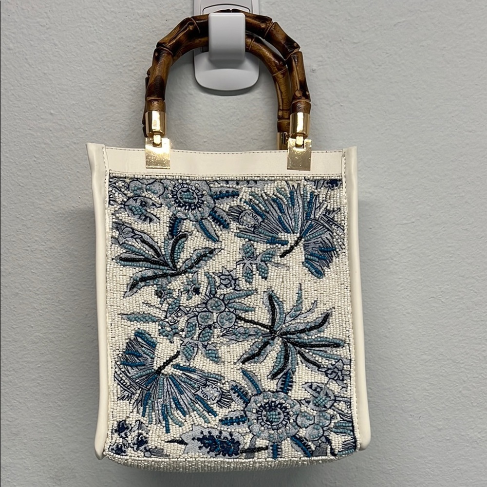 Made In India | Botanical Beaded Mini Tote w/ Bamboo Handles